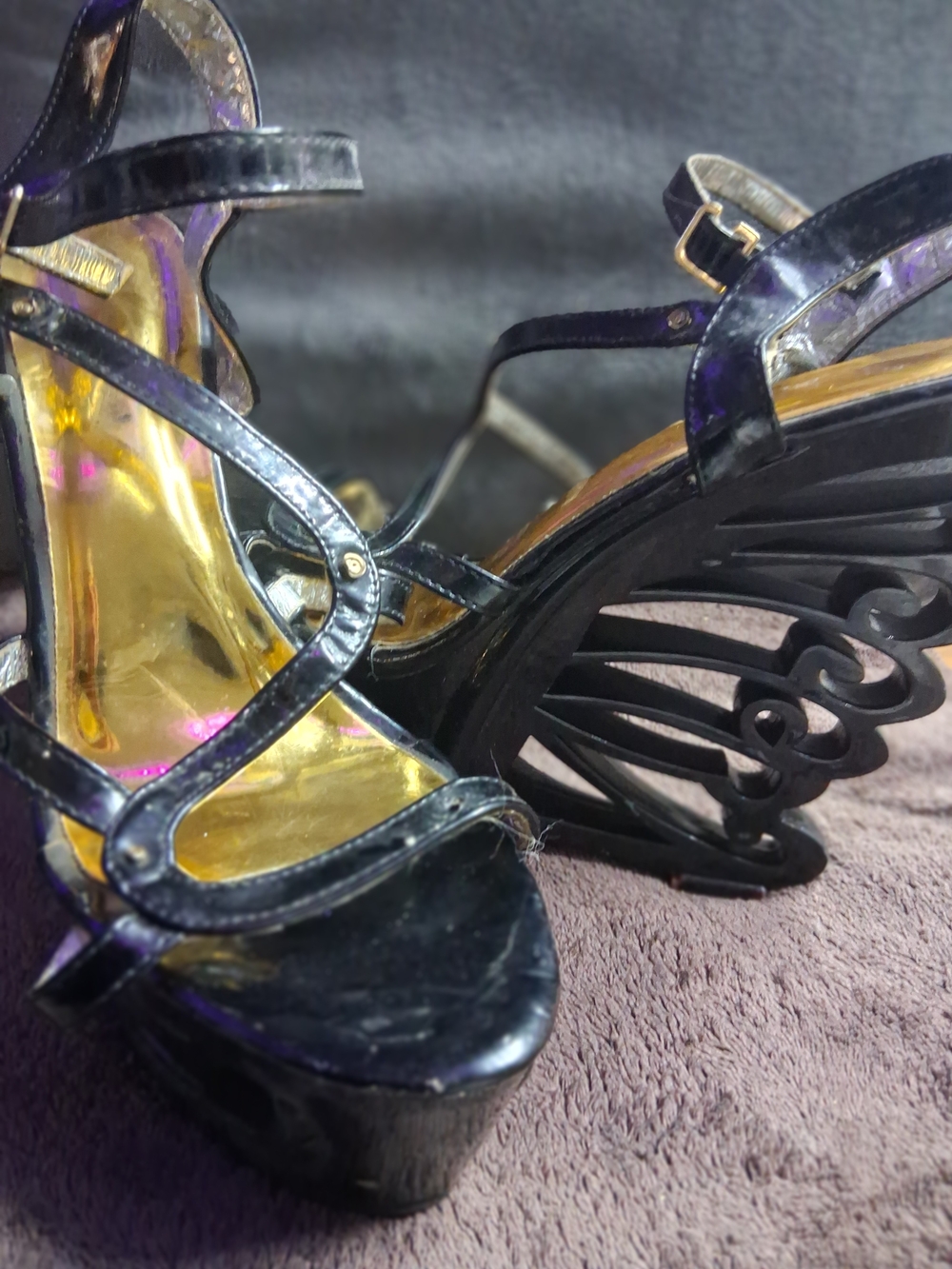 Black Strappy Platform Heels with Sculpted Wedge